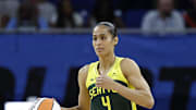 Jul 24, 2025; Chicago, Illinois, USA; Seattle Storm guard Skylar Diggins (4) brings the ball up court against the Chicago Sky during the second half at Wintrust Arena. Mandatory Credit: Kamil Krzaczynski-Imagn Images