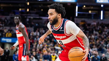 Apr 8, 2025; Indianapolis, Indiana, USA; Washington Wizards forward Justin Champagnie (9) dribbles the ball  in the second half against the Indiana Pacers at Gainbridge Fieldhouse. Mandatory Credit: Trevor Ruszkowski-Imagn Images