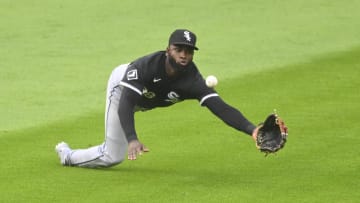Jul 3, 2024; Cleveland, Ohio, USA; Chicago White Sox center fielder Luis Robert Jr. (88) makes a catch in the third inning against the Cleveland Guardians at Progressive Field. Mandatory Credit: David Richard-USA TODAY Sports