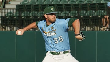 Tulane pitcher throws a baseball.
