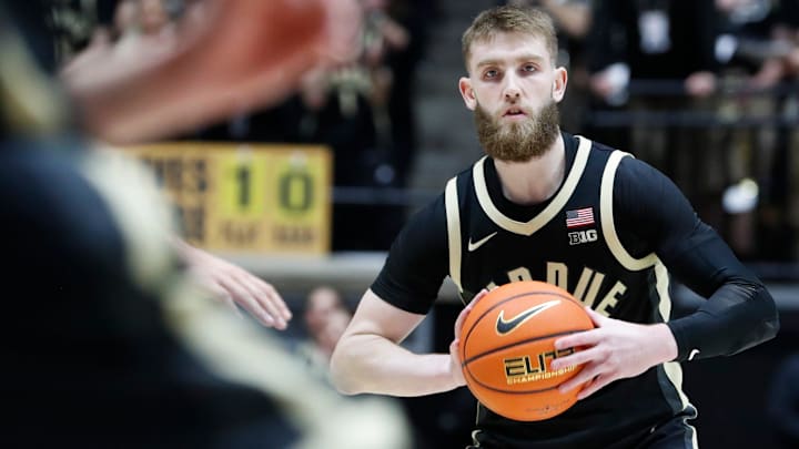 Purdue Boilermakers guard Braden Smith (3) passes the ball Friday, Jan. 31, 2025, during the NCAA men’s basketball game against the Indiana Hoosiers at Mackey Arena in West Lafayette, Ind. Purdue Boilermakers won 81-76.