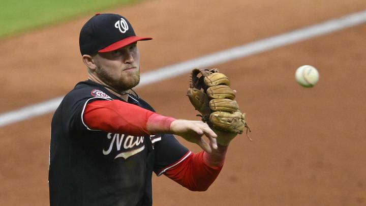 May 26, 2026; Cleveland, Ohio, USA; Washington Nationals third baseman Curtis Mead (45) throws to first base in the sixth inning against the Cleveland Guardians at Progressive Field. Mandatory Credit: David Richard-Imagn Images
