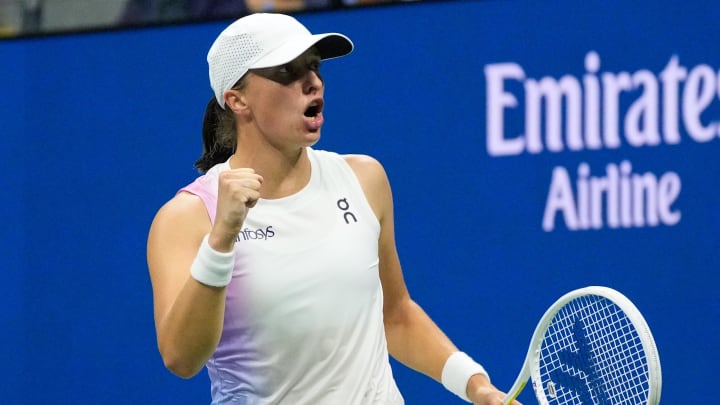 Aug 31, 2024; Flushing, NY, USA;  Iga Swiatek (POL) reacts after beating Anastasia Pavlyuchenkova on day six of the 2024 U.S. Open tennis tournament at USTA Billie Jean King National Tennis Center. Mandatory Credit: Robert Deutsch-USA TODAY Sports