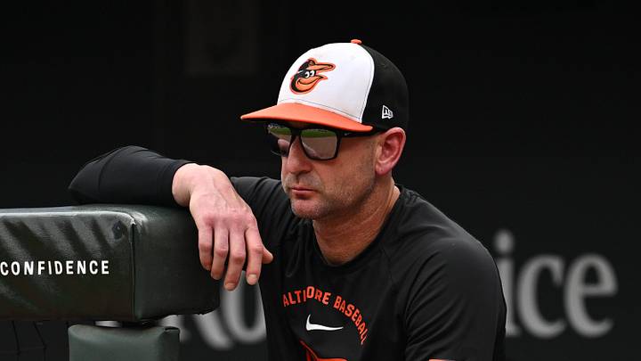 Jun 28, 2026; Baltimore, Maryland, USA;  Baltimore Orioles manager Craig Albernaz (55) watch his team play in the seventh inning against the Washington Nationals at Oriole Park at Camden Yards. Mandatory Credit: Jamie Sabau-Imagn Images