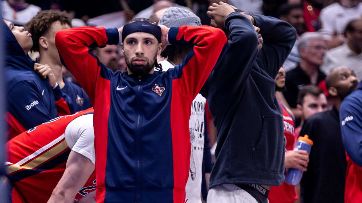 Apr 19, 2024; New Orleans, Louisiana, USA;  New Orleans Pelicans guard Jose Alvarado (15) reacts to a play against the Sacramento Kings in the second half during a play-in game of the 2024 NBA playoffs at Smoothie King Center.