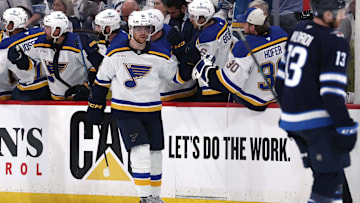 May 4, 2025; Winnipeg, Manitoba, CAN; St. Louis Blues center Radek Faksa (12) celebrates after his goal against the Winnipeg Jets in the second period in game seven of the first round of the 2025 Stanley Cup Playoffs at Canada Life Centre. Mandatory Credit: James Carey Lauder-Imagn Images