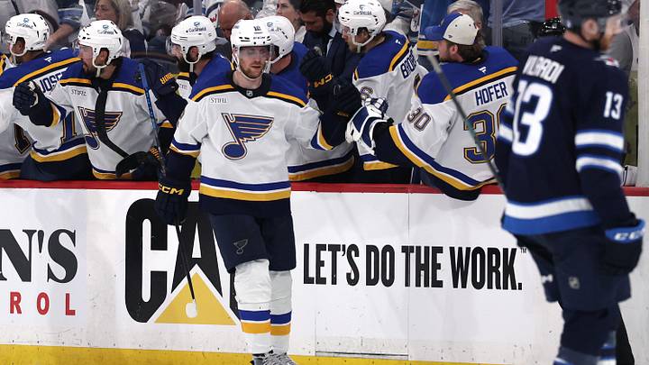 May 4, 2025; Winnipeg, Manitoba, CAN; St. Louis Blues center Radek Faksa (12) celebrates after his goal against the Winnipeg Jets in the second period in game seven of the first round of the 2025 Stanley Cup Playoffs at Canada Life Centre. Mandatory Credit: James Carey Lauder-Imagn Images