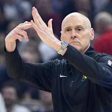 May 6, 2025; Cleveland, Ohio, USA; Indiana Pacers head coach Rick Carlisle calls a timeout in the first quarter against the Cleveland Cavaliers during game two of the second round of the 2025 NBA Playoffs at Rocket Arena. Mandatory Credit: David Richard-Imagn Images
