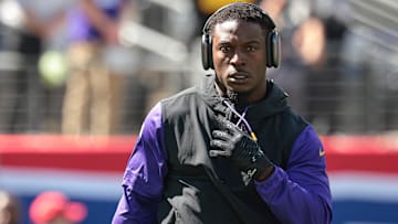 Sep 8, 2024; East Rutherford, New Jersey, USA; Minnesota Vikings wide receiver Jordan Addison (3) warms up before the game against the New York Giants at MetLife Stadium. Mandatory Credit: Vincent Carchietta-Imagn Images