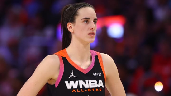 Jul 20, 2024; Phoenix, AZ, USA; Team WNBA guard Caitlin Clark (22) against the USA Women's National Team during the 2024 WNBA All Star Game at Footprint Center.