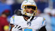 Sep 28, 2025; East Rutherford, New Jersey, USA; Los Angeles Chargers running back Omarion Hampton (8) warms up before the game against the New York Giants at MetLife Stadium. 