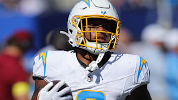 Sep 28, 2025; East Rutherford, New Jersey, USA; Los Angeles Chargers running back Omarion Hampton (8) warms up before the game against the New York Giants at MetLife Stadium. 