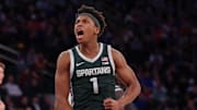 Nov 18, 2025; New York, New York, USA; Michigan State Spartans guard Jeremy Fears Jr. (1) reacts during the second half against the Kentucky Wildcats at Madison Square Garden. Mandatory Credit: Vincent Carchietta-Imagn Images