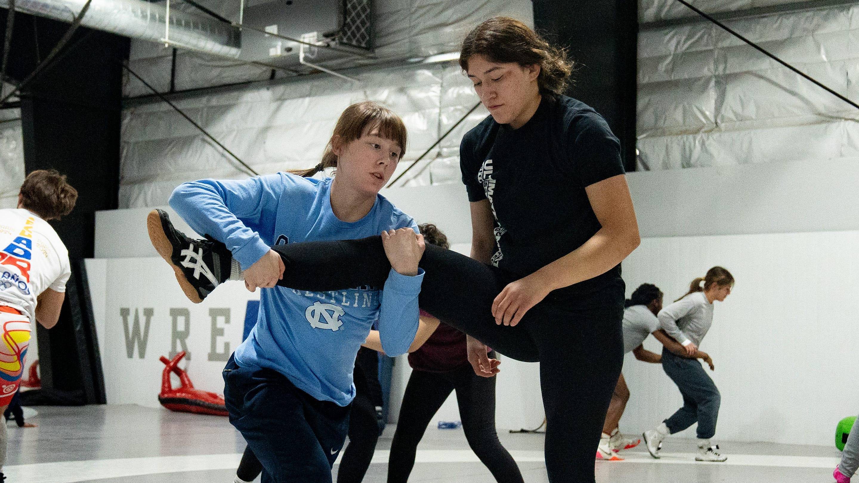 Everest Leydecker (left), No. 1 at 120, and Morgan Lucio, No. 1 at 140, go through drills together during a 2025 practice.