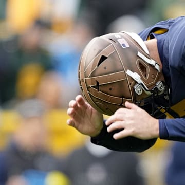 Green Bay Packers kicker Brandon McManus (17) reacts after missing a field goal during the second half against the Panthers.