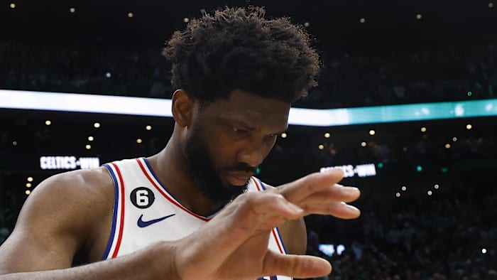 May 14, 2023; Boston, Massachusetts, USA; Philadelphia 76ers center Joel Embiid (21) leaves the