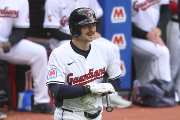 Kyle Manzardo walks to home plate 