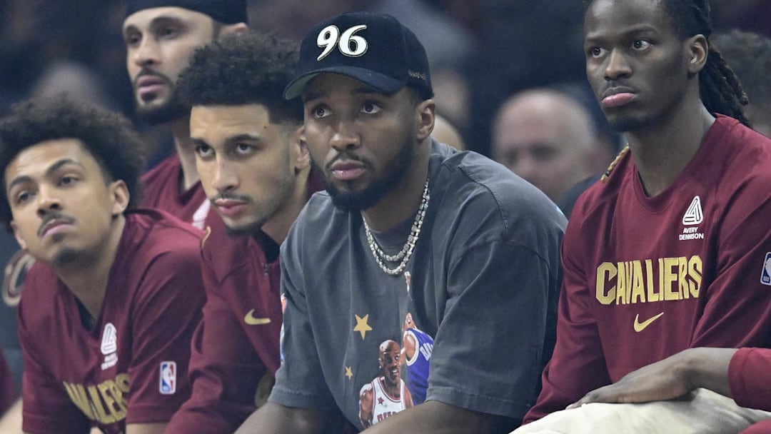 Mar 3, 2026; Cleveland, Ohio, USA; Cleveland Cavaliers guard Donovan Mitchell (45) sits on the bench in the first quarter against the Detroit Pistons at Rocket Arena. Mandatory Credit: David Richard-Imagn Images