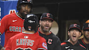 Sep 11, 2025; Cleveland, Ohio, USA; Cleveland Guardians right fielder CJ Kayfus (63) is greeted by manager Stephen Vogt (12) after hitting a two-run home run in the eighth inning against the Kansas City Royals at Progressive Field. Mandatory Credit: David Richard-Imagn Images
