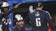 Sep 12, 2025; Cleveland, Ohio, USA; Cleveland Guardians designated hitter David Fry (6) celebrates his solo home run with manager Stephen Vogt (12) in the fourth inning against the Chicago White Sox at Progressive Field. Mandatory Credit: David Richard-Imagn Images