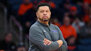 Jan 25, 2025; Syracuse, New York, USA; Pittsburgh Panthers head coach Jeff Capel looks on against the Syracuse Orange during the first half at the JMA Wireless Dome. Mandatory Credit: Rich Barnes-Imagn Images