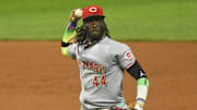 Sep 24, 2024; Cleveland, Ohio, USA; Cincinnati Reds shortstop Elly De La Cruz (44) throws to first base in the seventh inning against the Cleveland Guardians at Progressive Field. Mandatory Credit: David Richard-Imagn Images