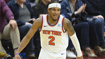 Mar 3, 2024; Cleveland, Ohio, USA; New York Knicks guard Miles McBride (2) celebrates his three-point basket in the fourth quarter against the Cleveland Cavaliers at Rocket Mortgage FieldHouse. Mandatory Credit: David Richard-Imagn Images