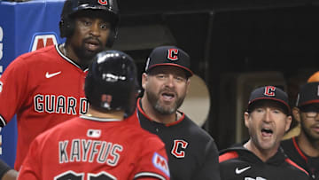 Sep 11, 2025; Cleveland, Ohio, USA; Cleveland Guardians right fielder CJ Kayfus (63) is greeted by manager Stephen Vogt (12) after hitting a two-run home run in the eighth inning against the Kansas City Royals at Progressive Field. Mandatory Credit: David Richard-Imagn Images