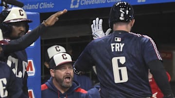 Sep 12, 2025; Cleveland, Ohio, USA; Cleveland Guardians designated hitter David Fry (6) celebrates his solo home run with manager Stephen Vogt (12) in the fourth inning against the Chicago White Sox at Progressive Field. Mandatory Credit: David Richard-Imagn Images