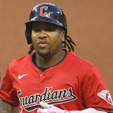 Cleveland Guardians designated hitter Jose Ramirez (11) stands at first base after hitting a single in the first inning against the Tampa Bay Rays at Progressive Field on Sept 12.