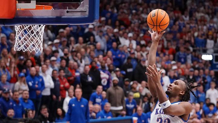 Kansas Jayhawks guard Darryn Peterson (22) shoots a layup against Houston Cougars during the game inside Allen Fieldhouse on Monday, Feb. 23, 2026.