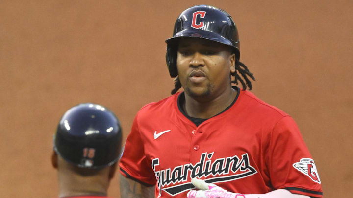 Cleveland Guardians designated hitter Jose Ramirez (11) stands at first base after hitting a single in the first inning against the Tampa Bay Rays at Progressive Field on Sept 12.