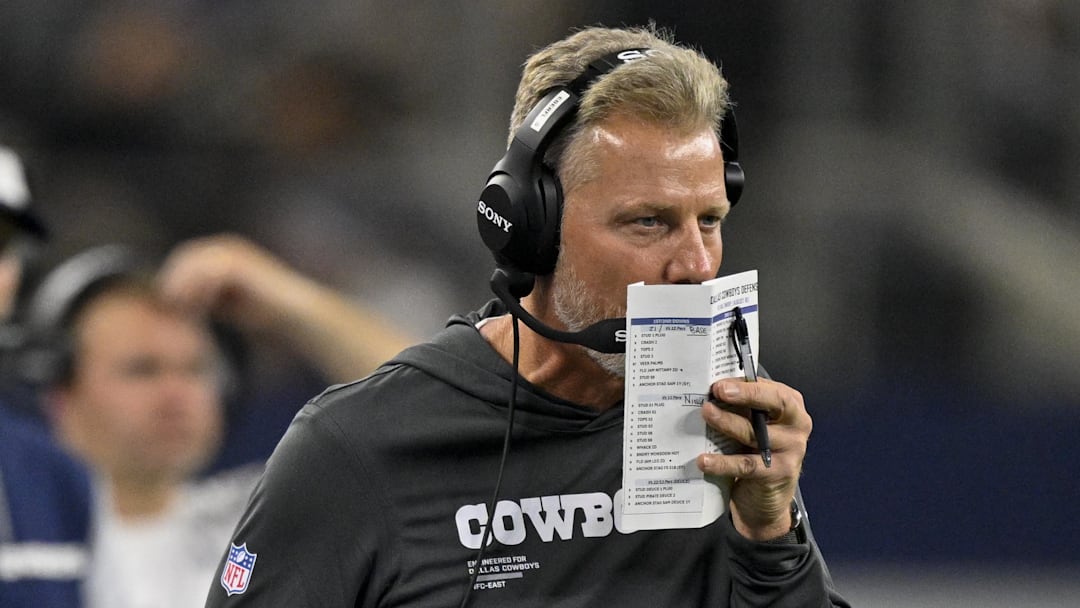 Aug 16, 2025; Arlington, Texas, USA; Dallas Cowboys defensive coordinator Matt Eberflus looks on during the game between the Dallas Cowboys and the Baltimore Ravens at AT&T Stadium. Mandatory Credit: Jerome Miron-Imagn Images