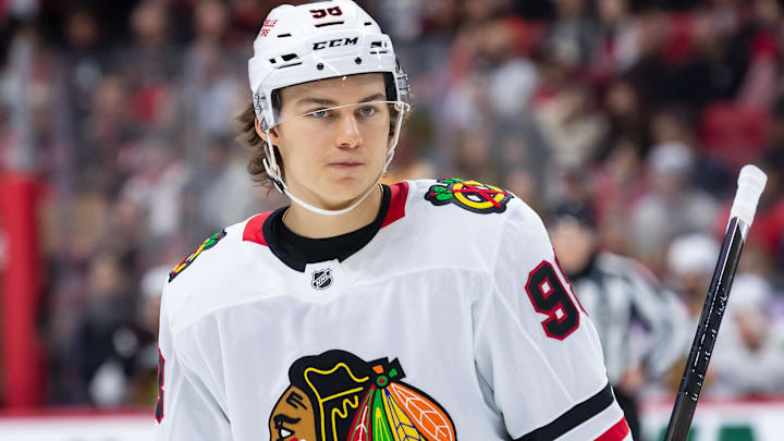 Apr 15, 2025; Ottawa, Ontario, CAN; Chicago Blackhawks center Connor Bedard (98) skates in the second  period against the Ottawa Senators at the Canadian Tire Centre. Mandatory Credit: Marc DesRosiers-Imagn Images