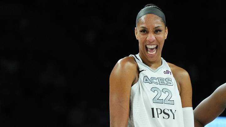 Aug 18, 2026; Las Vegas, Nevada, USA; Las Vegas Aces center A'ja Wilson (22) laughs during a break in play against the Atlanta Dream in the second quarter at Michelob Ultra Arena. Mandatory Credit: Candice Ward-Imagn Images