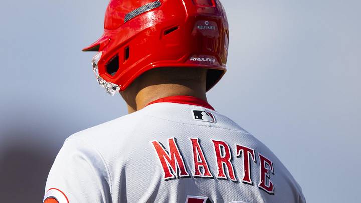 Detailed view of the jersey of Cincinnati Reds infielder Noelvi Marte