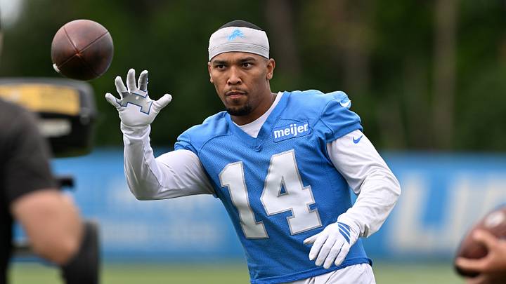 Jun 17, 2026; Detroit, MI, USA; Detroit Lions wide receiver Amon-Ra St. Brown (14) practices catching footballs off a machine during the Detroit Lions veteran’s minicamp at the Allen Park Training Facility. Mandatory Credit: Lon Horwedel-Imagn Images