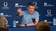 Indianapolis Colts General Manager Chris Ballard speaks to the press in a pre-draft press conference Monday, April 21, 2025 at the Colts headquarters, the Indiana Farm Bureau Football Center.