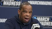 Mar 20, 2024; Charlotte, NC, USA; North Carolina Tar Heels head coach Hubert Davis during a press conference at Spectrum Center. Mandatory Credit: Bob Donnan-Imagn Images