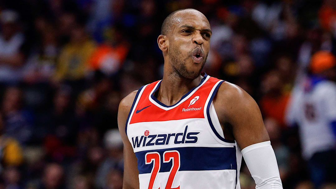 Jan 17, 2026; Denver, Colorado, USA; Washington Wizards forward Khris Middleton (22) reacts in the third quarter against the Denver Nuggets at Ball Arena. Mandatory Credit: Isaiah J. Downing-Imagn Images
