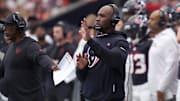 Nov 2, 2025; Houston, Texas, USA; Houston Texans head coach DeMeco Ryans during the first half against the Denver Broncos at NRG Stadium. Mandatory Credit: Thomas Shea-Imagn Images