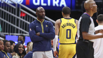 Nov 18, 2022; Houston, Texas, USA; Indiana Pacers assistant coach Lloyd Pierce looks on from the sideline during the third quarter against the Houston Rockets at Toyota Center. Mandatory Credit: Troy Taormina-USA TODAY Sports