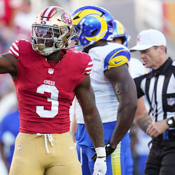 Nov 9, 2025; Santa Clara, California, USA; San Francisco 49ers running back Brian Robinson Jr. (3) celebrates after a play during the third quarter against the Los Angeles Rams at Levi's Stadium. Mandatory Credit: Cary Edmondson-Imagn Images
