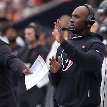 Nov 2, 2025; Houston, Texas, USA; Houston Texans head coach DeMeco Ryans during the first half against the Denver Broncos at NRG Stadium. Mandatory Credit: Thomas Shea-Imagn Images