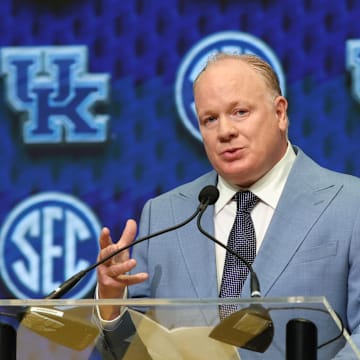 Jul 17, 2025; Atlanta, GA, USA; Kentucky Wildcats head coach Mark Stoops talks to the media during the SEC Media Days at Omni Atlanta Hotel. Mandatory Credit: Jordan Godfree-Imagn Images