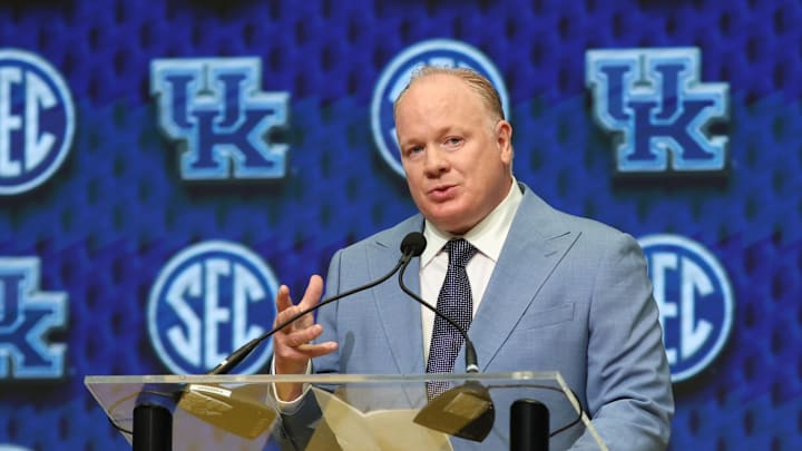 Jul 17, 2025; Atlanta, GA, USA; Kentucky Wildcats head coach Mark Stoops talks to the media during the SEC Media Days at Omni Atlanta Hotel. Mandatory Credit: Jordan Godfree-Imagn Images Jul 17, 2025; Atlanta, GA, USA; Kentucky Wildcats head coach Mark Stoops talks to the media during the SEC Media Days at Omni Atlanta Hotel. Mandatory Credit: Jordan Godfree-Imagn Images