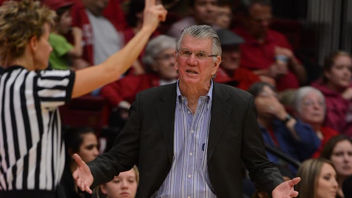 February 24, 2013; Stanford, CA, USA; Oregon Ducks head coach Paul Westhead reacts at an official against the Stanford Cardinal during the first half at Maples Pavilion. Mandatory Credit: Kyle Terada-Imagn Images