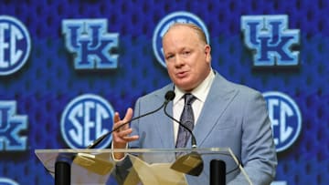 Jul 17, 2025; Atlanta, GA, USA; Kentucky Wildcats head coach Mark Stoops talks to the media during the SEC Media Days at Omni Atlanta Hotel. Mandatory Credit: Jordan Godfree-Imagn Images