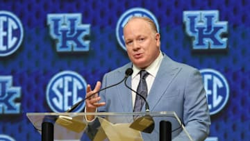 Kentucky Wildcats head coach Mark Stoops talks to the media during the SEC Media Days at Omni Atlanta Hotel. 