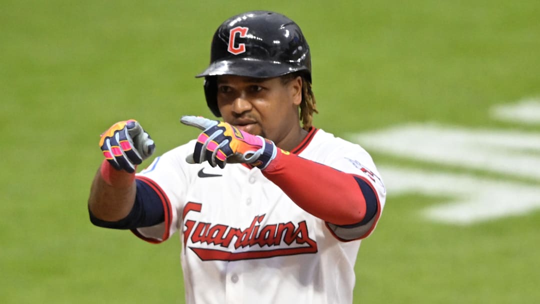 Jul 19, 2025; Cleveland, Ohio, USA; Cleveland Guardians third baseman Jose Ramirez (11) celebrates his two-run home run in the third inning against the Athletics at Progressive Field. Mandatory Credit: David Richard-Imagn Images